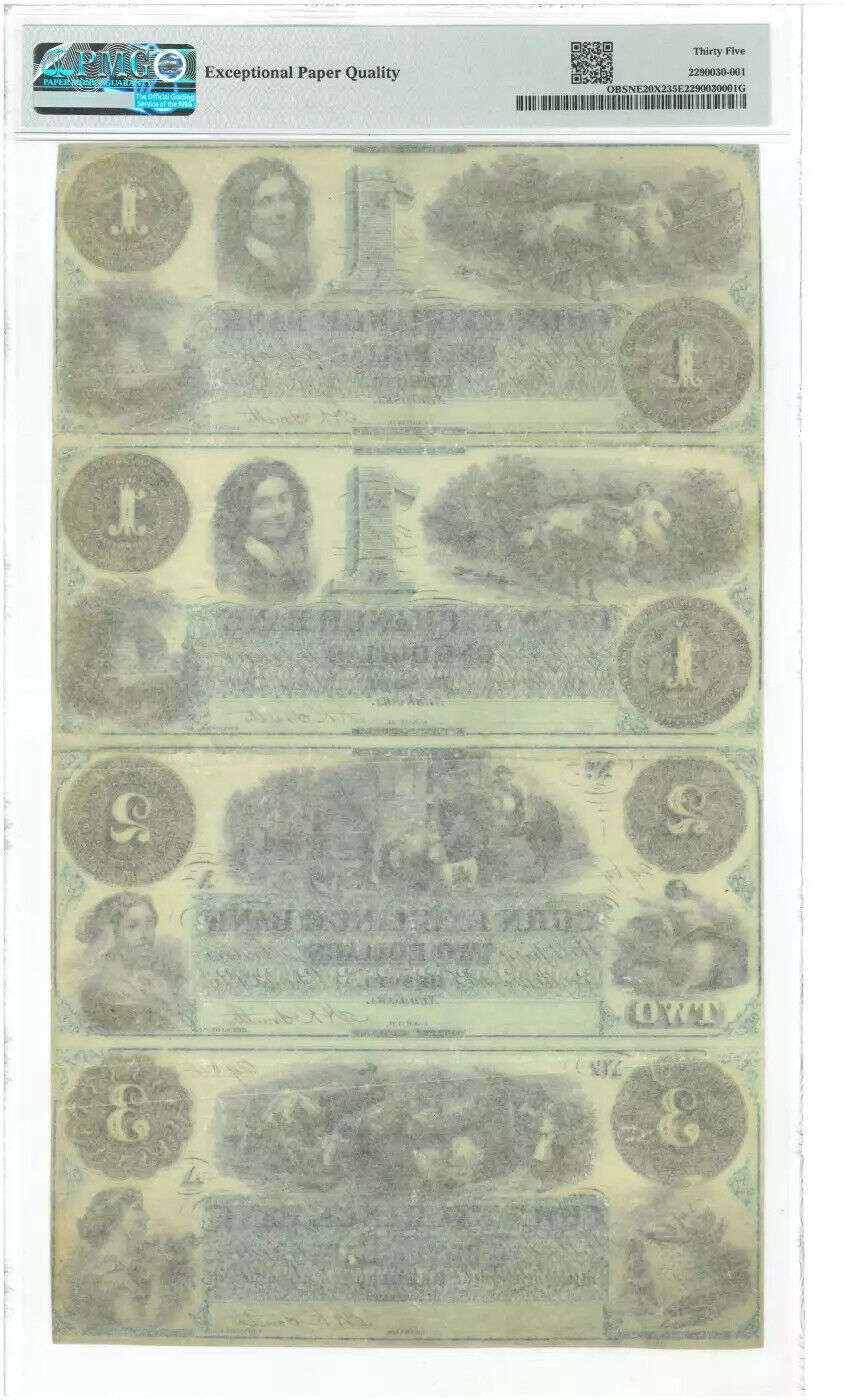 1860 $1 $1 $2 $5 DE SOTO NEBRASKA CORN EXCHANGE BANK UNCUT SHEET PMG 35 EPQ