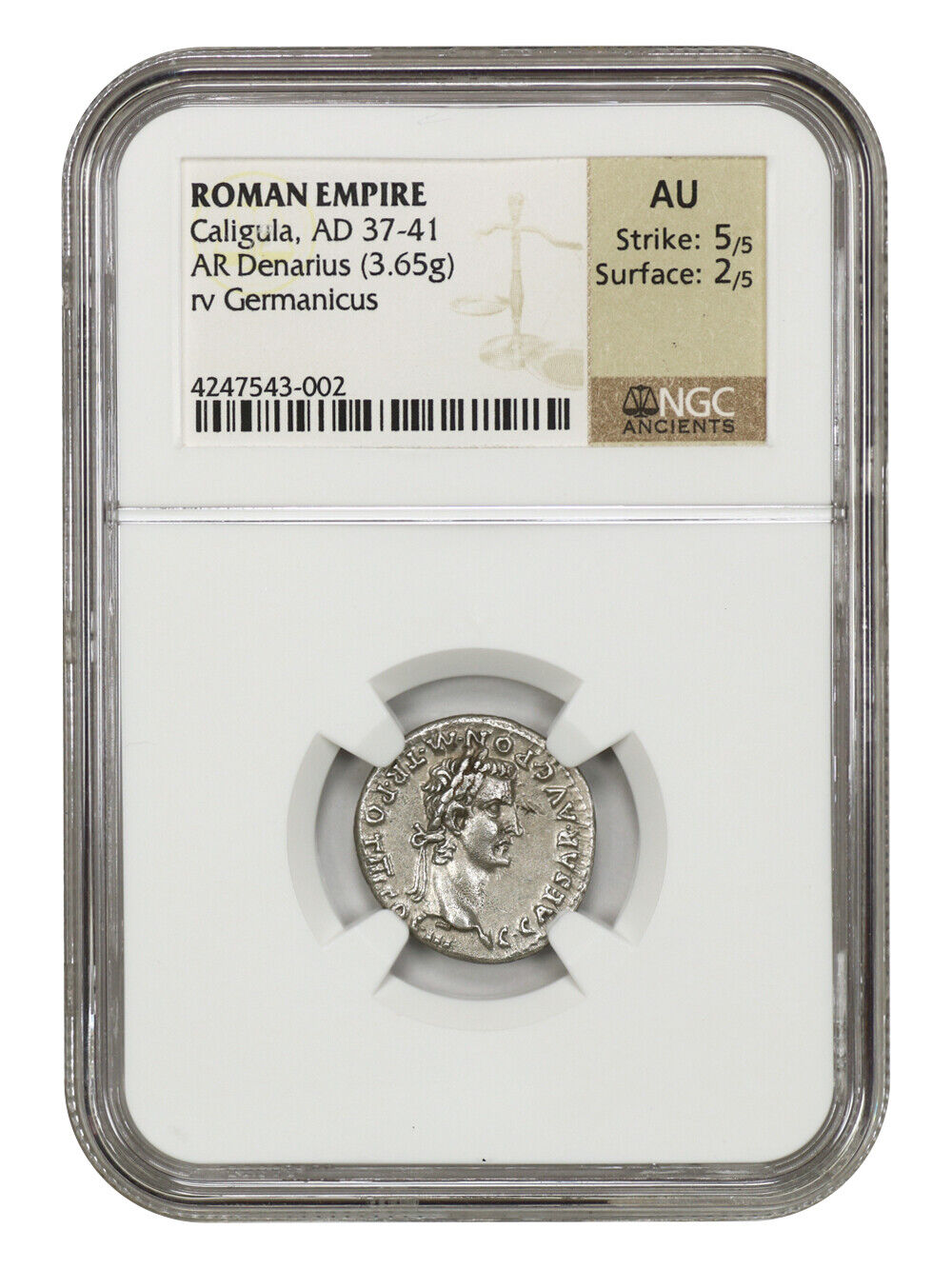 Ancient Roman: Caligula (AD 37-41) AR Denarius NGC AU