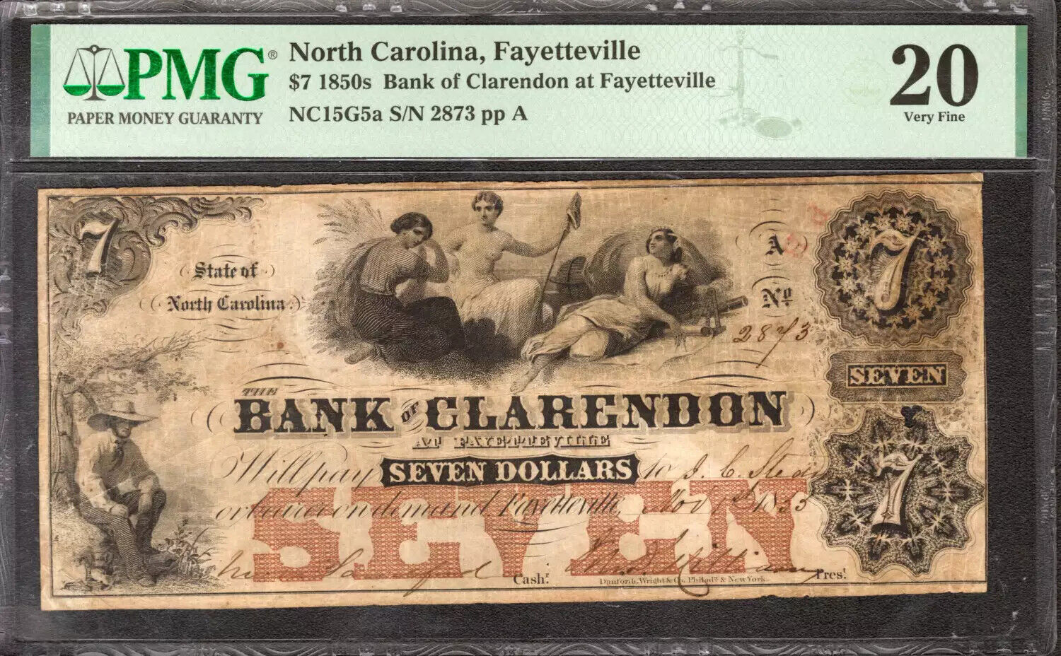 1850 $7 BANK OF CLARENDON FAYETTEVILLE NORTH CAROLINA OBSOLETE NOTE PMG VF 20