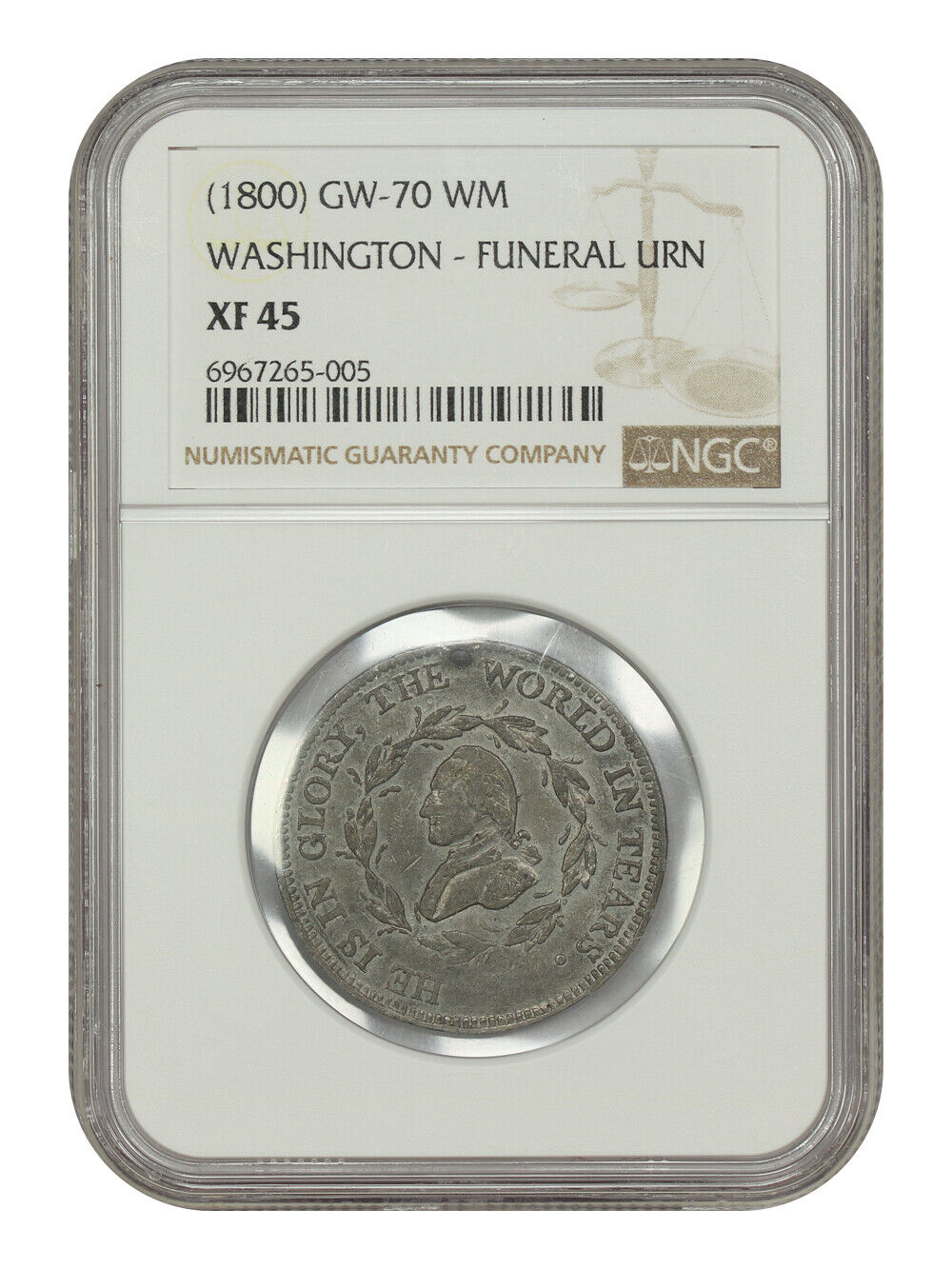 (1800) Washington Funeral Medal NGC XF45 (Funeral Urn, White Metal, GW-70)