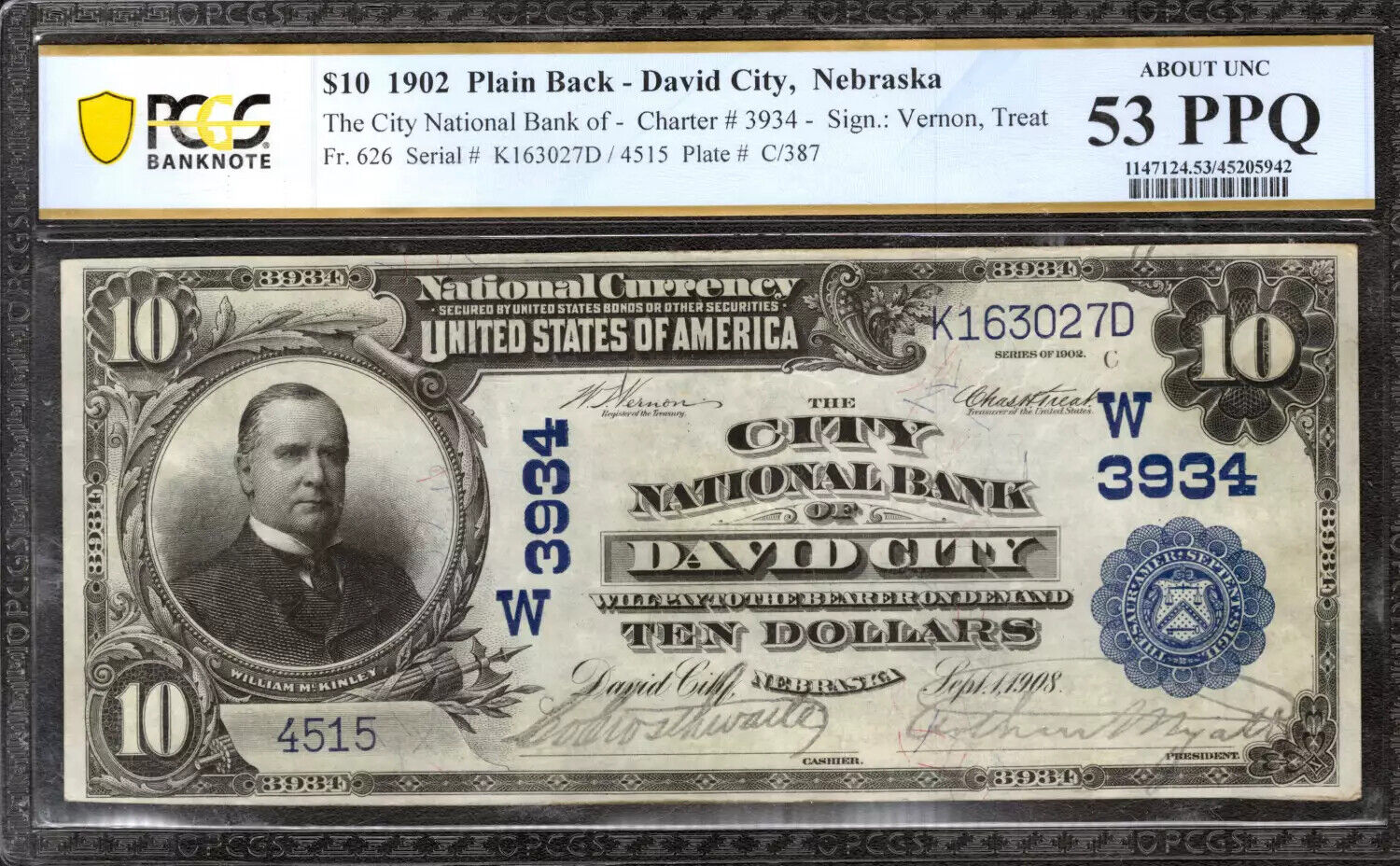 1902 $10 CITY NATIONAL BANKNOTE CURRENCY DAVID CITY NEBRASKA PCGS 53 AU (027D)