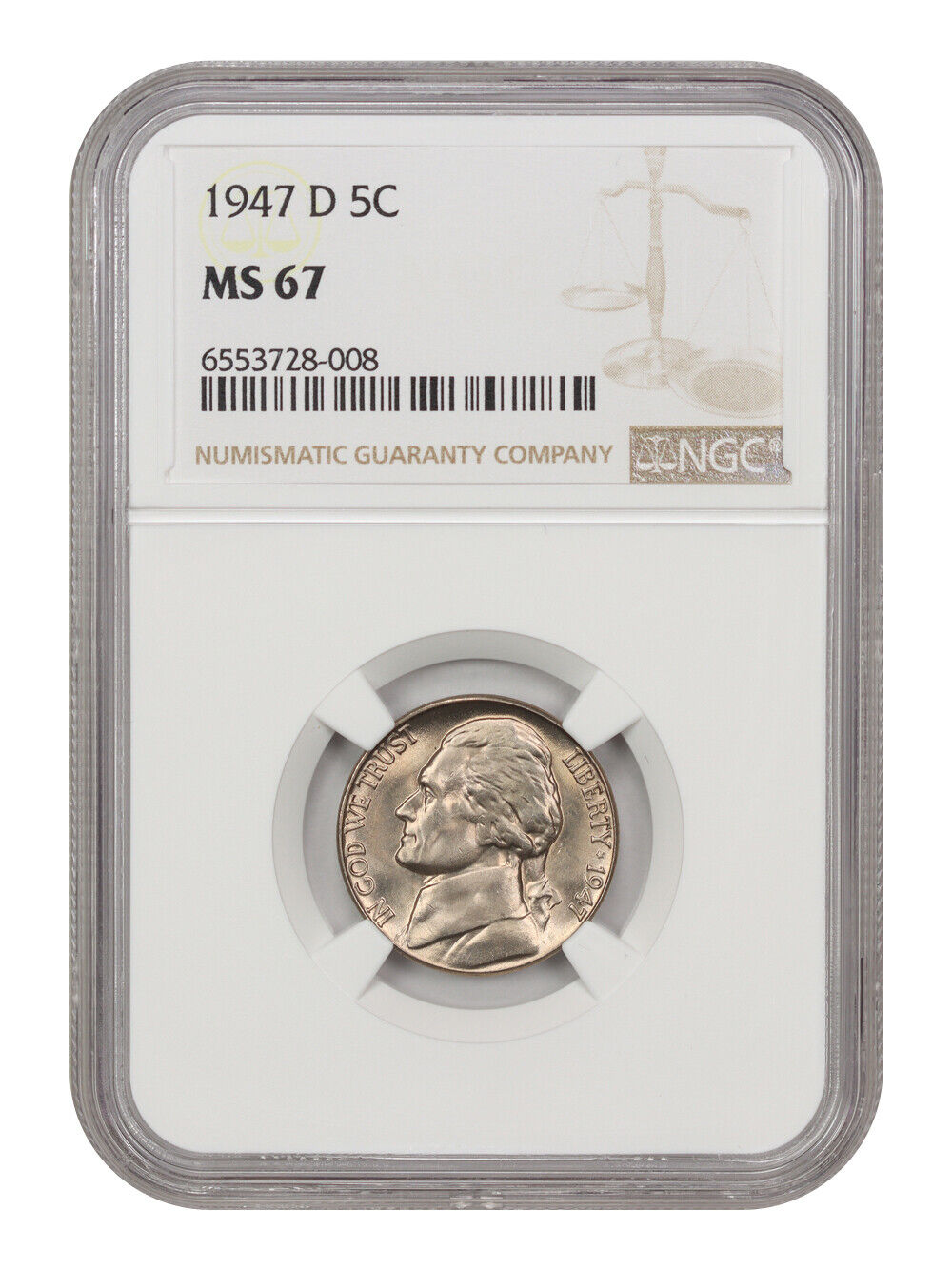 1947-D 5C NGC MS67