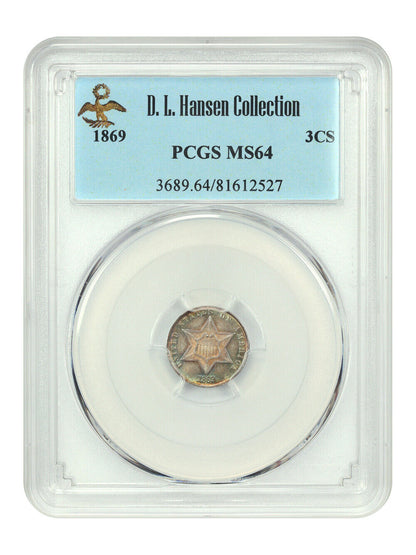 1869 3CS PCGS MS64 ex: D.L. Hansen