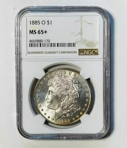 1885 O Morgan Silver Dollar NGC MS-65+ Rainbow Crescent Toning!