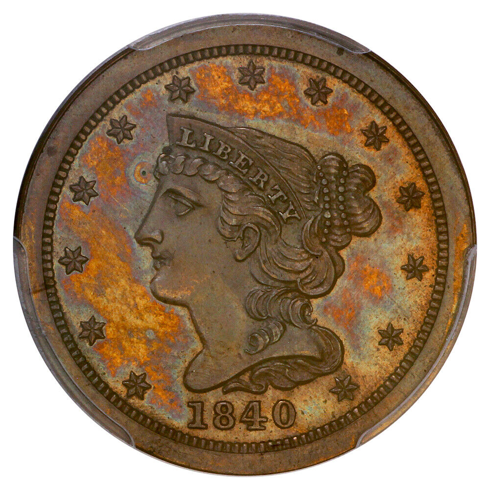 1840 1/2C PCGS/CAC PR64BN (Restrike) - Braided Hair Half Cent