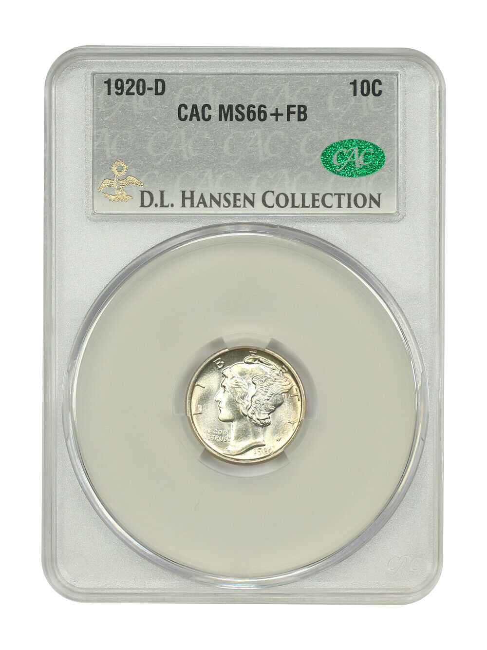 1920-D 10C CACG MS66+FB ex: D.L. Hansen - Mercury Dime