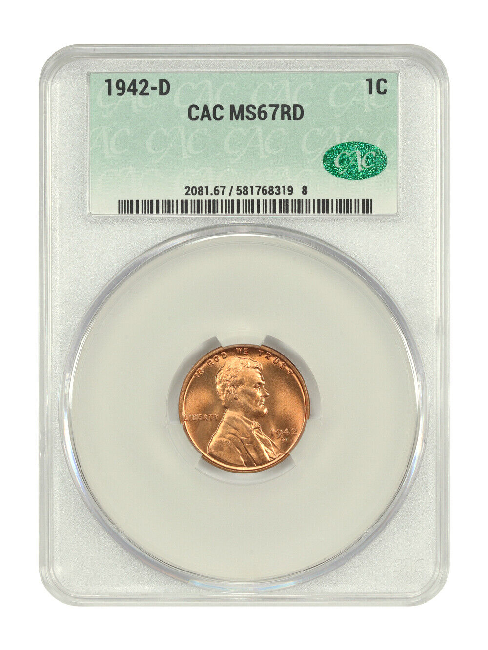 1942-D 1C CACG MS67RD - Lincoln Cent (Wheat Reverse)