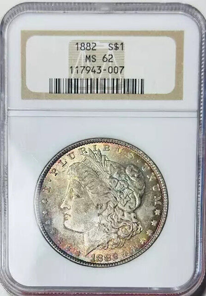 1882 P Morgan Silver Dollar NGC MS-62 Rainbow toned x2! Better date