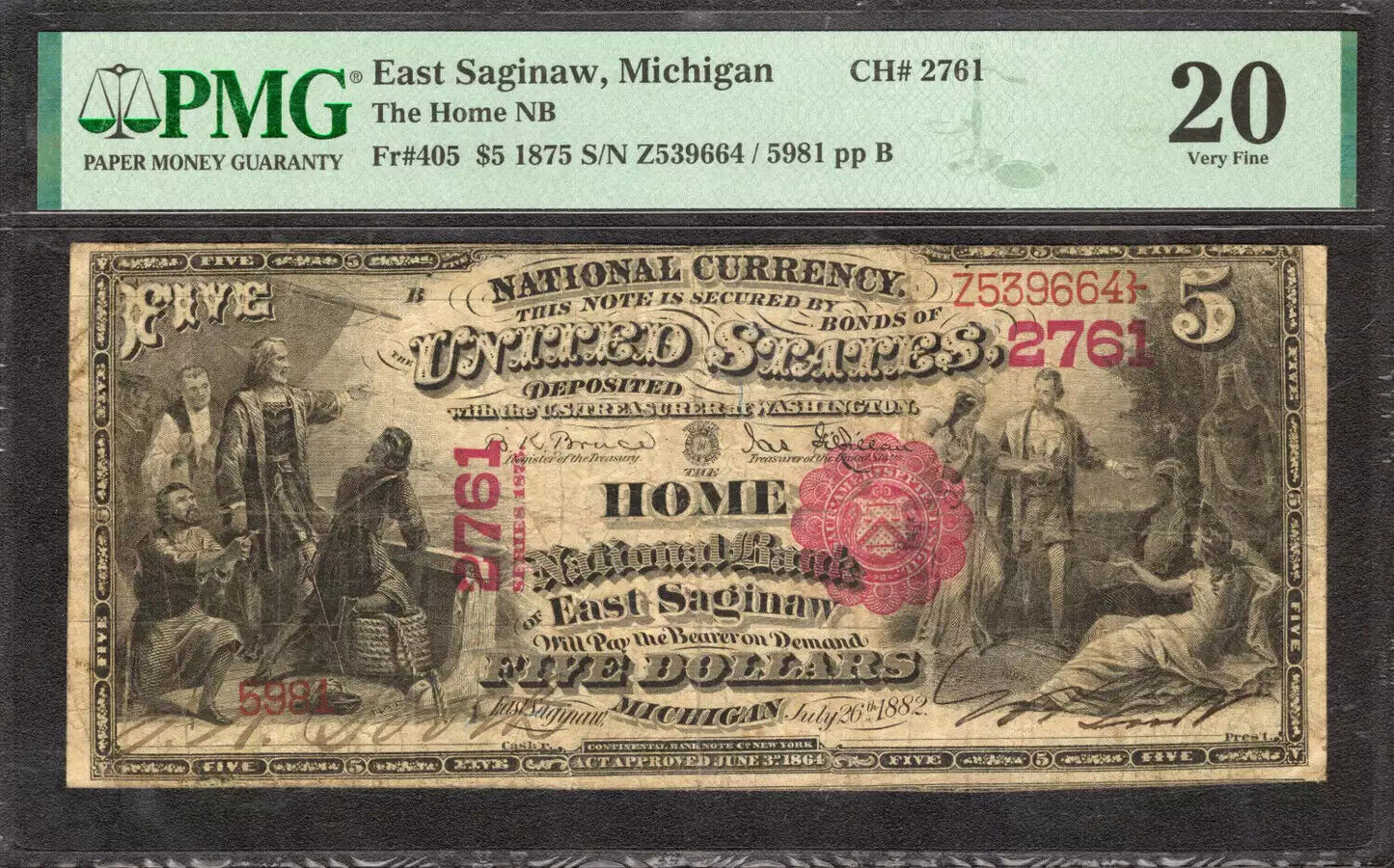 1875 $5 HOME NATIONAL BANKNOTE CURRENCY EAST SAGINAW MICHIGAN PMG 20 VF (664)