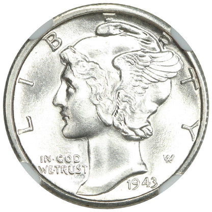 1943-D 10C NGC MS67FB - Mercury Dime