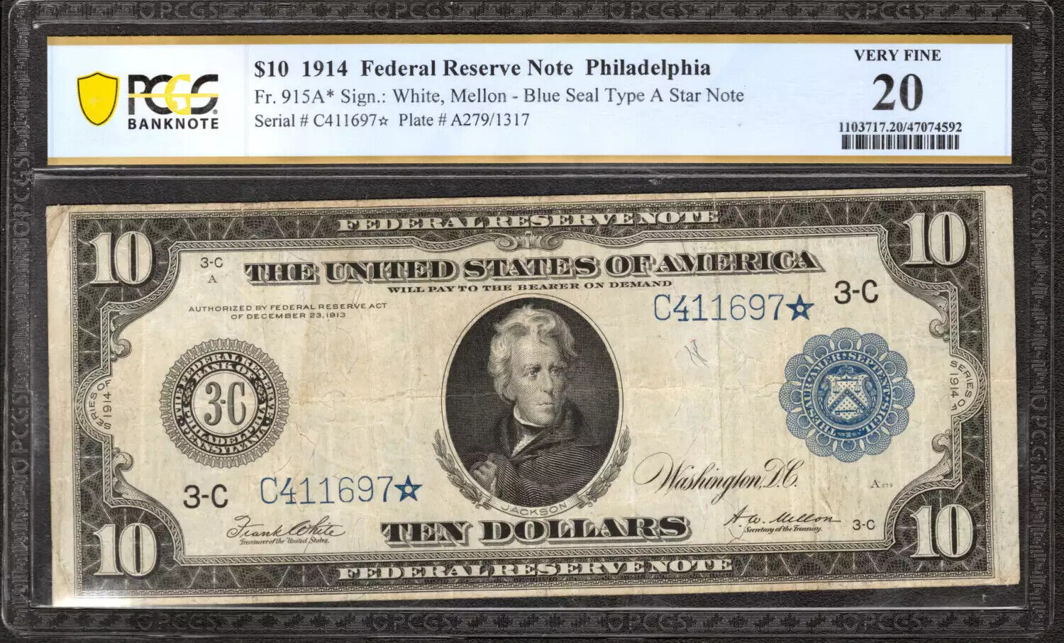 1914 $10 FEDERAL RESERVE STAR NOTE FR.915a* PHILADELPHIA PCGS 20 VERY FINE (697*