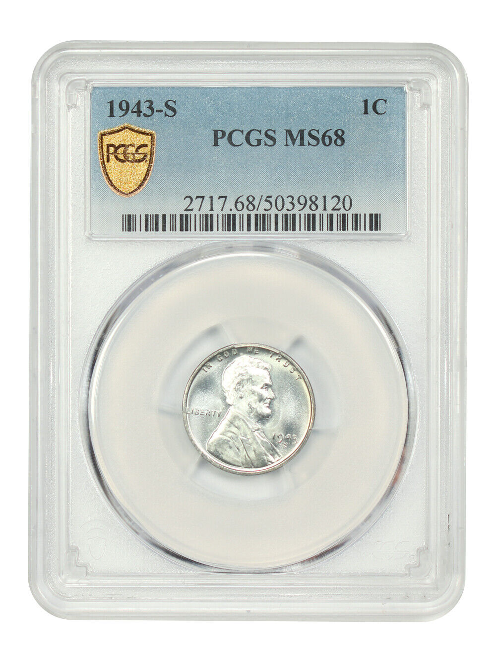 1943-S 1C PCGS MS68 - Lincoln Cent (Wheat Reverse) - Popular Steel Cent from WW2