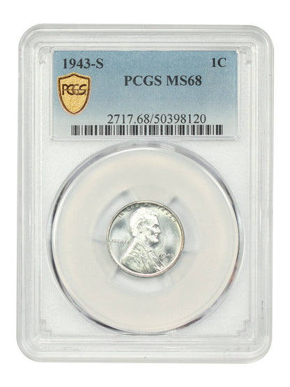 1943-S 1C PCGS MS68 - Lincoln Cent (Wheat Reverse) - Popular Steel Cent from WW2