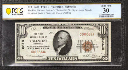 1929 $10 FIRST NATIONAL BANKNOTE VALENTINE NEBRASKA PCGS VERY FINE VF 30