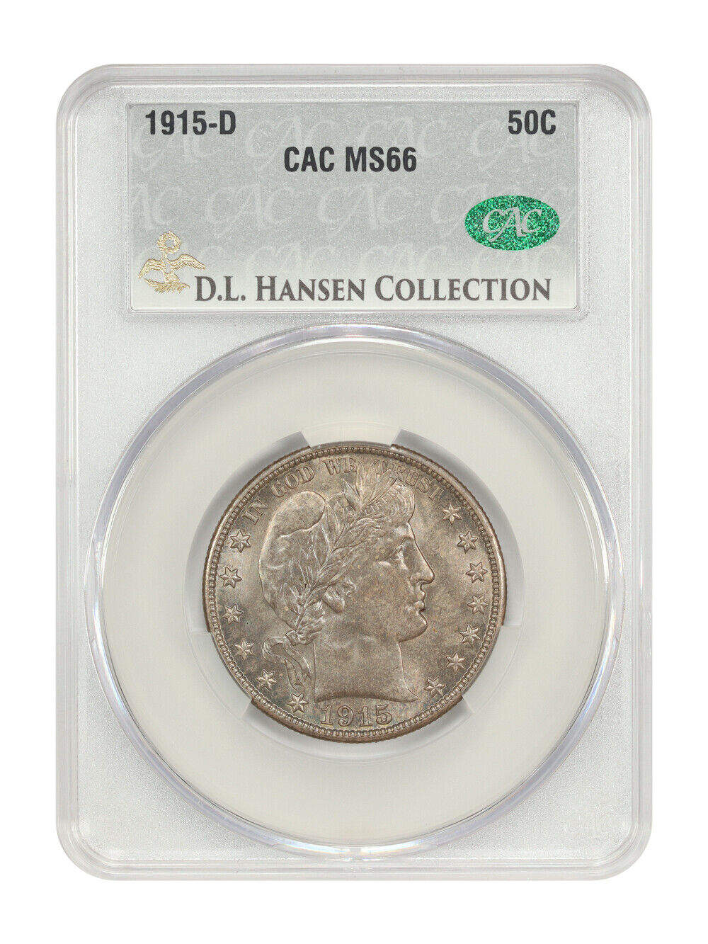 1915-D 50C CACG MS66 ex: D.L. Hansen - Barber Half Dollar - Original Gem