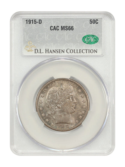 1915-D 50C CACG MS66 ex: D.L. Hansen - Barber Half Dollar - Original Gem