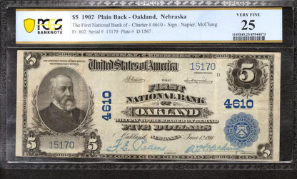 1902 $5 FIRST NATIONAL BANKNOTE CURRENCY FR.602 OAKLAND NEBRASKA PCGS 25 VF (170