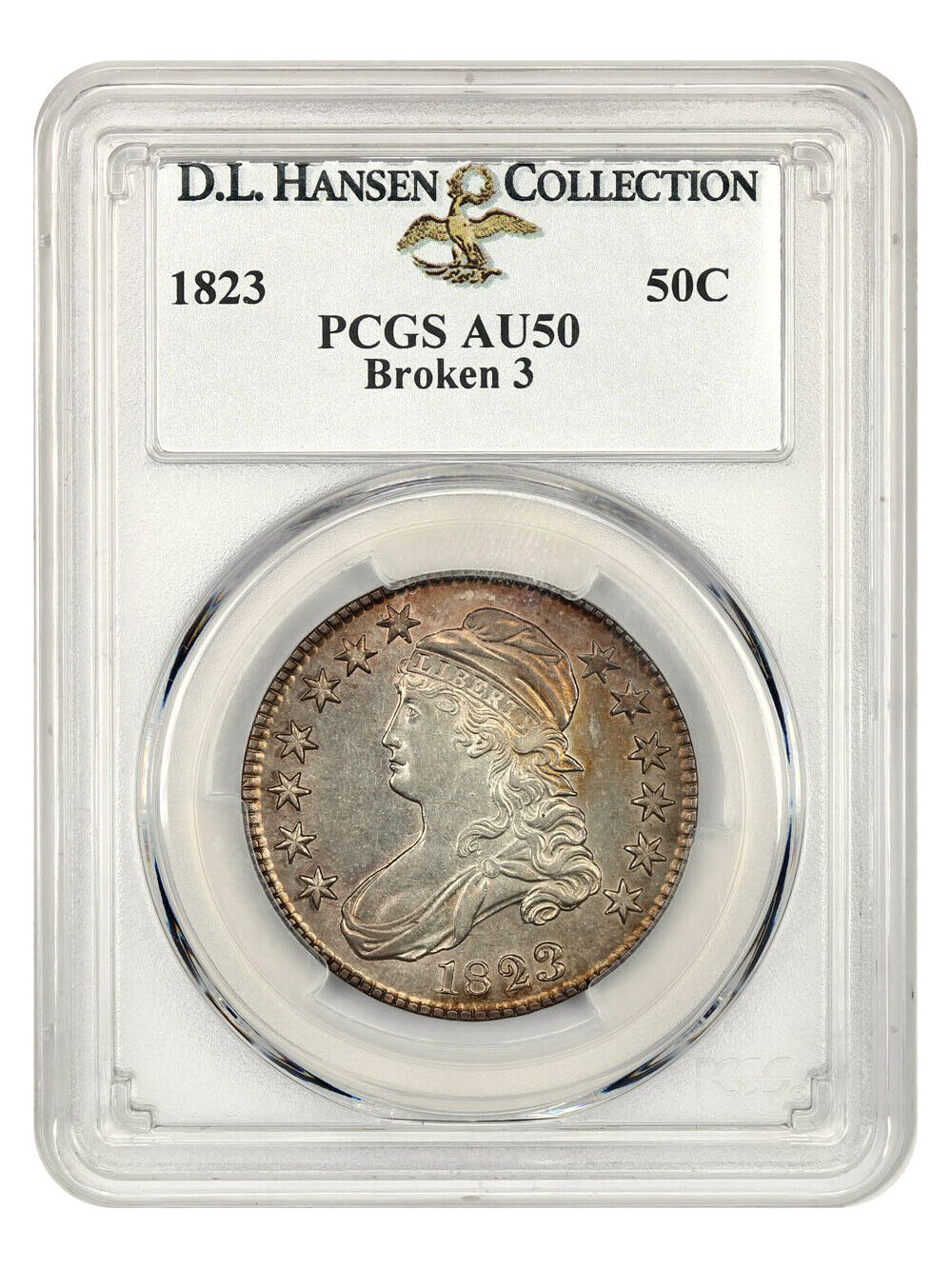 1823 50c PCGS AU50 (Broken 3) ex: D.L. Hansen