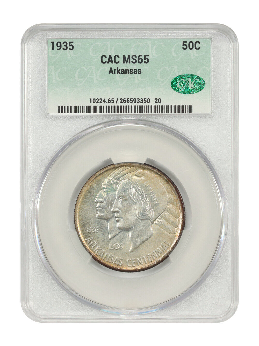 1935 50C Arkansas CACG MS65 - Classic Silver Commemorative - Low Mintage Issue