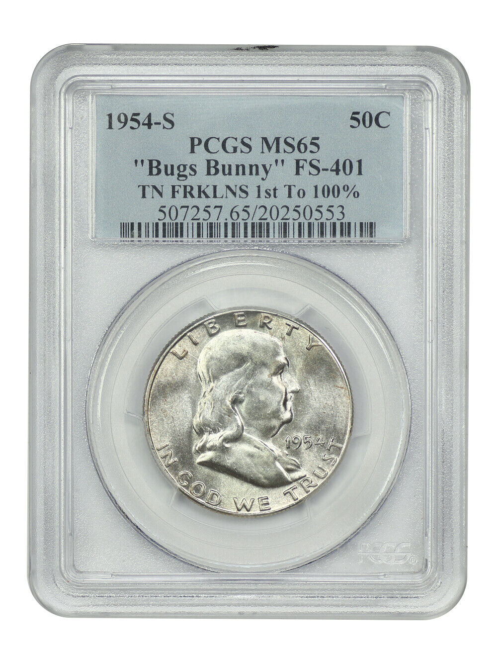 1954-S 50C Bugs Bunny" FS-401" PCGS MS65 - Franklin Half Dollar