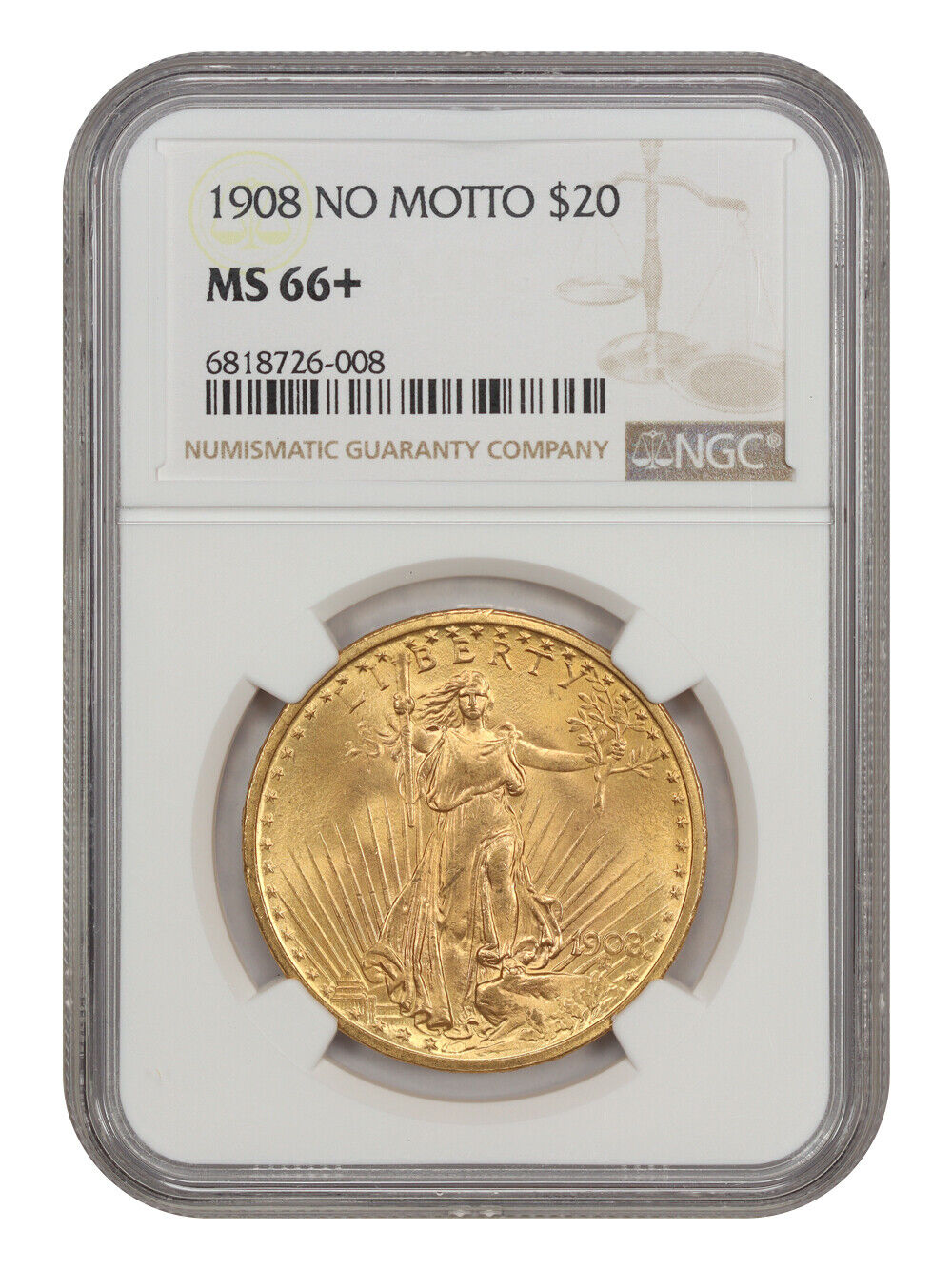 1908 $20 NGC MS66+ (No Motto) - St. Gaudens $20