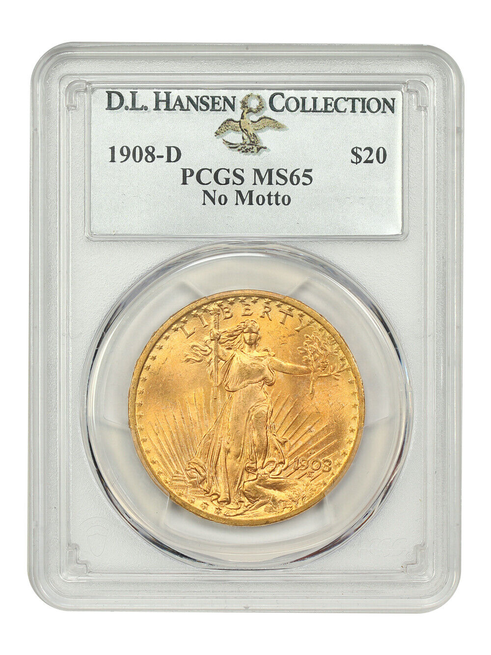 1908-D $20 PCGS MS65 (No Motto) ex: D.L. Hansen - St. Gaudens $20