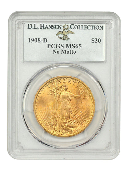 1908-D $20 PCGS MS65 (No Motto) ex: D.L. Hansen - St. Gaudens $20