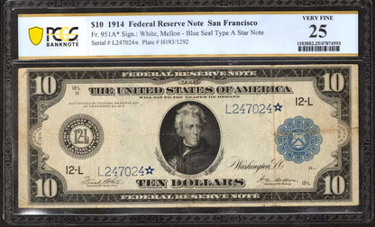 1914 $10 FEDERAL RESERVE STAR NOTE FR.951a* SAN FRANCISCO PCGS VF 25 FINE (024*)