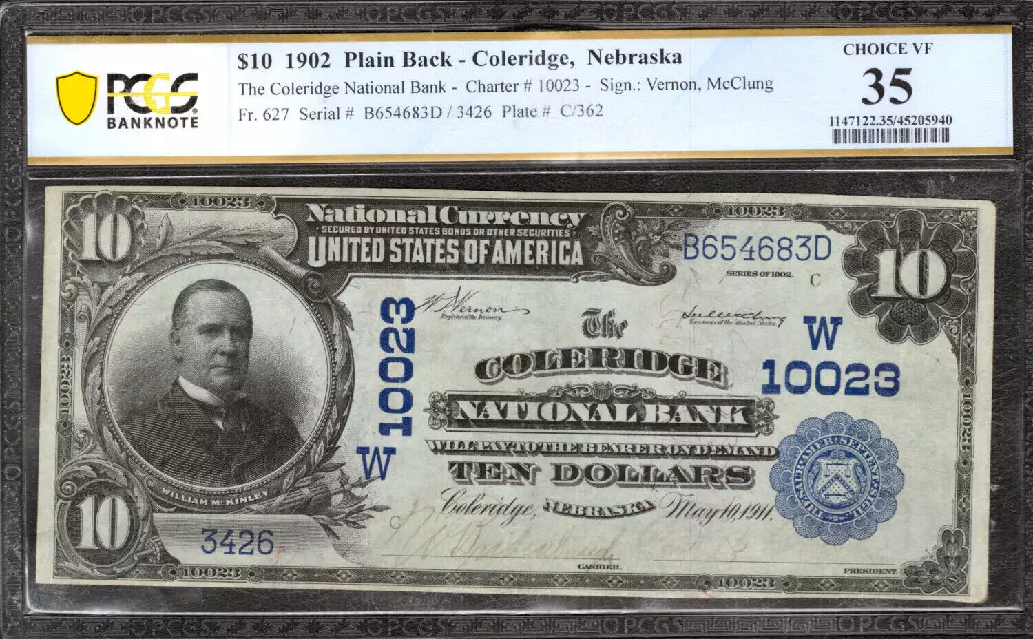 1902 $10 COLERIDGE NATIONAL BANKNOTE CURRENCY FR.627 NEBRASKA PCGS 35 VF (683D)