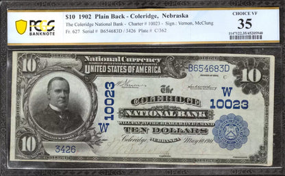 1902 $10 COLERIDGE NATIONAL BANKNOTE CURRENCY FR.627 NEBRASKA PCGS 35 VF (683D)