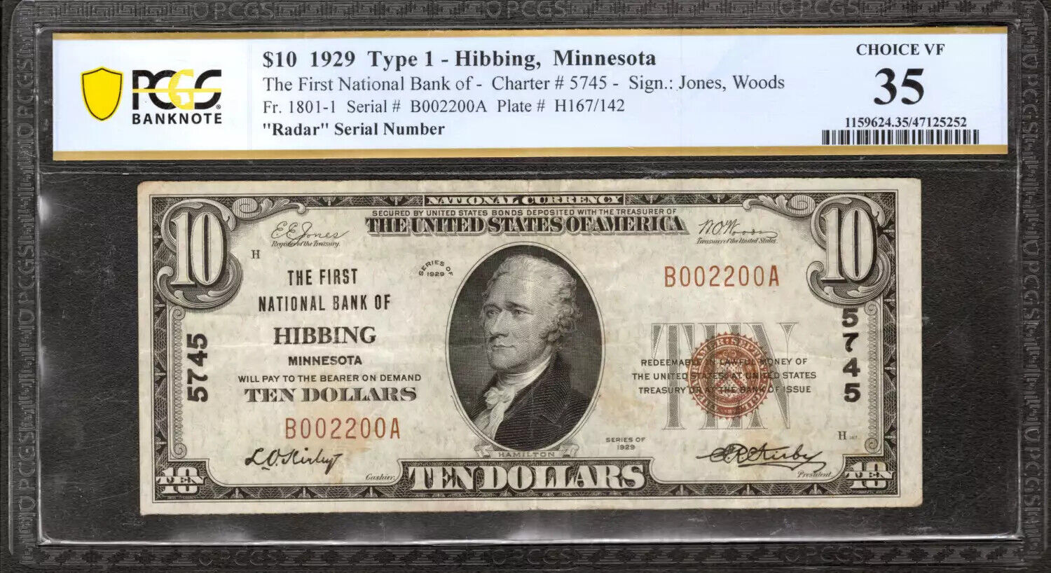 1929 $10 FIRST NATIONAL BANKNOTE HIBBING MINNESOTA SUPER RADAR SERIAL PCGS VF 35