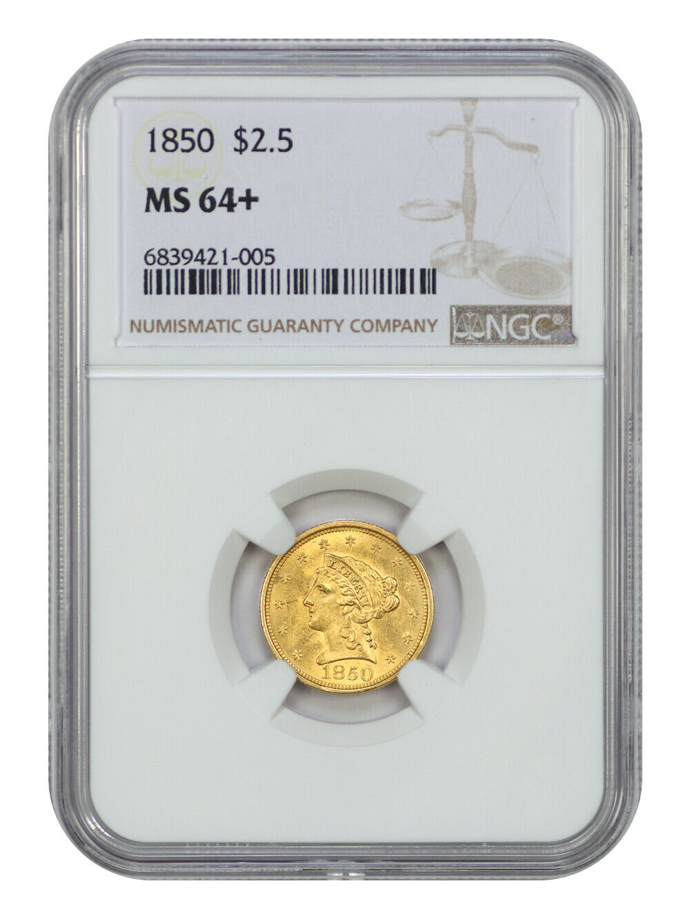 1850 $2.50 NGC MS64+ - Liberty Head $2.5