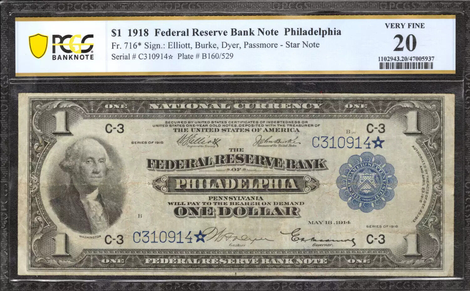 1918 $1 NATIONAL BANKNOTE CURRENCY PHILADELPHIA FR.716* STAR PCGS 20 VF (914*)