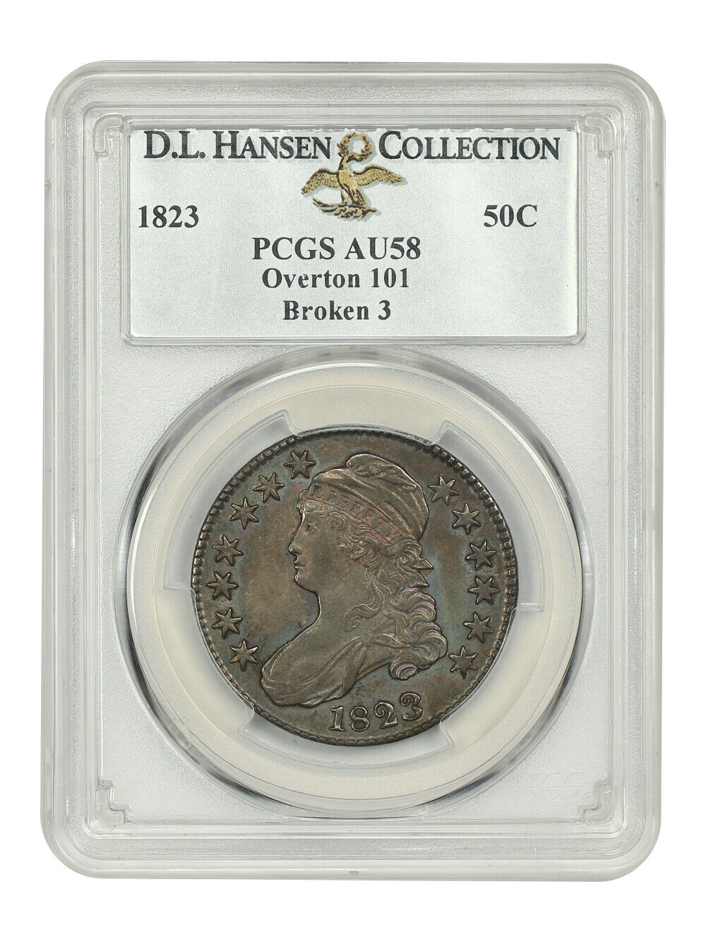 1823 50C PCGS AU58 (O-101, Broken 3) ex: D.L. Hansen