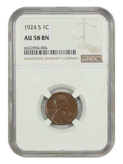 1924-S 1C NGC AU58 - Lincoln Cent (Wheat Reverse) - Better S-Mint