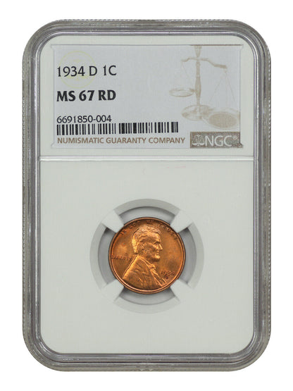 1934-D 1C NGC MS67RD - Lincoln Cent (Wheat Reverse)