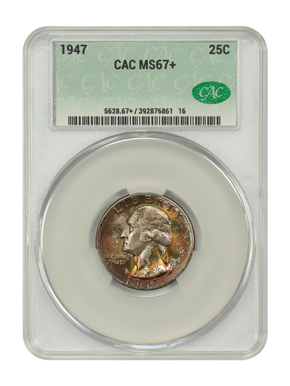 1947 25C CACG MS67+ - Washington Quarter - Colorful Obverse Toning