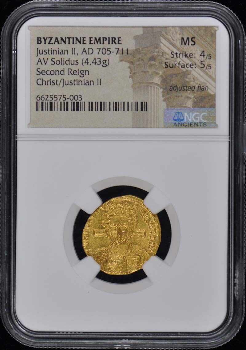 Justinian II, AD 705-711 BYZANTINE EMPIRE AV Solidus NGC MS60 Christ