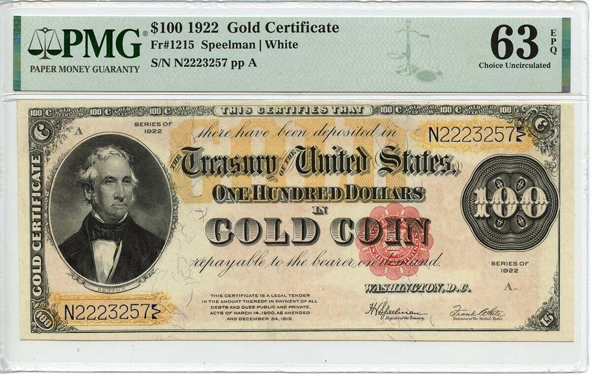 1922 $100 Gold Certificate Small Red Scallop Speelman White Fr#1215 PMG CU63 EPQ