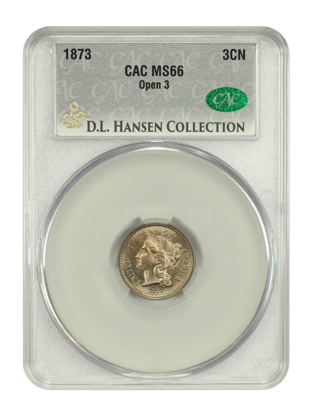 1873 3CN CACG MS66 (Open 3) ex: D.L. Hansen - Three Cent Nickel