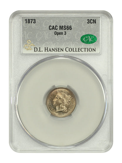 1873 3CN CACG MS66 (Open 3) ex: D.L. Hansen - Three Cent Nickel