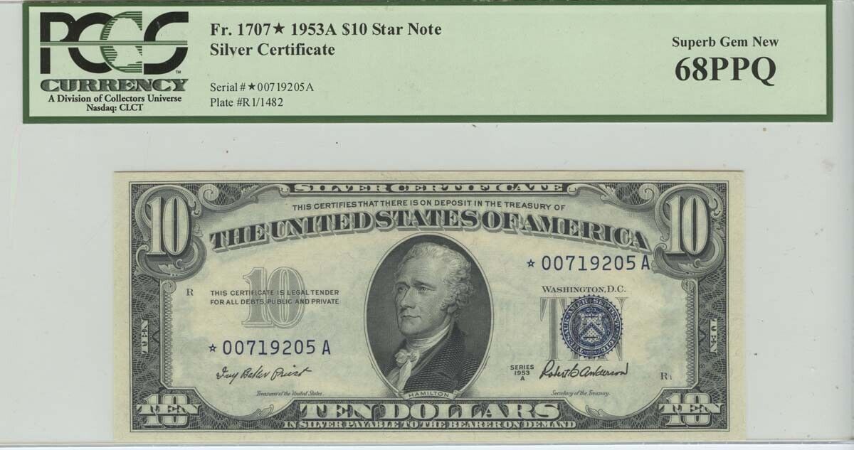 1953-A $10 Silver certificate PCGS SGEM 68 PPQ FR 1707* Star Note