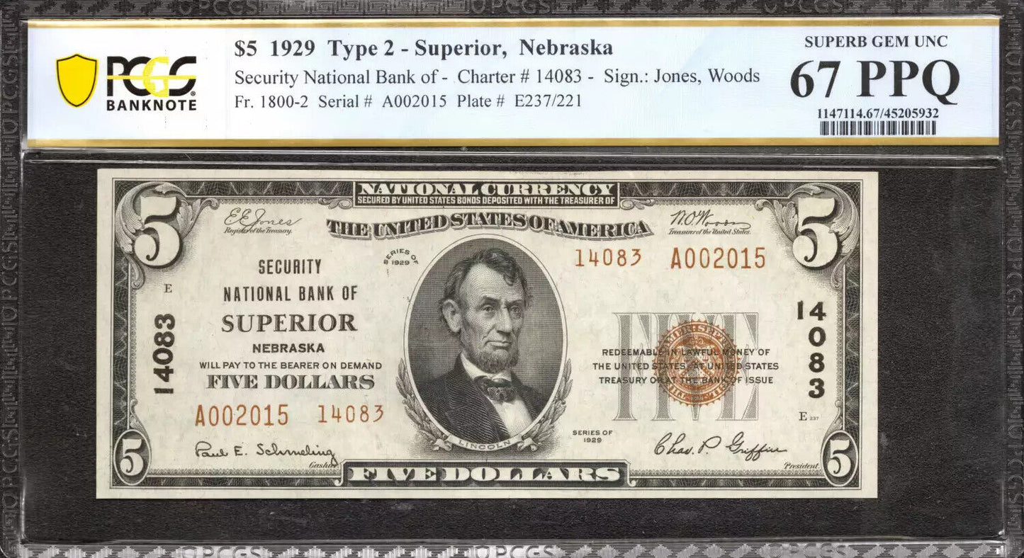 1929 $5 SECURITY NATIONAL BANKNOTE CURRENCY SUPERIOR NEBRASKA PCGS 67 UNC (015)