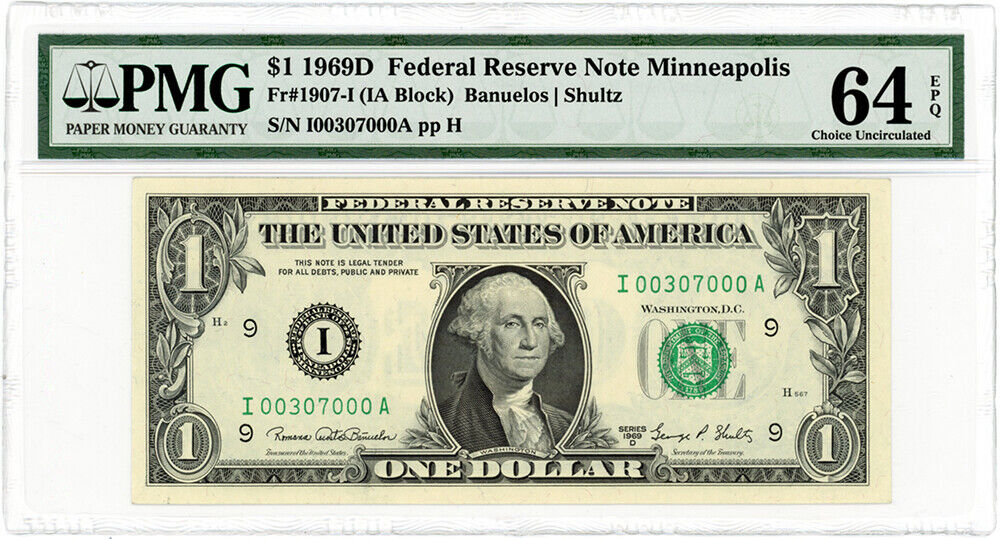 Fr.1907-I 1969D $1 FRN Minneapolis PMG Choice UNC 64 EPQ