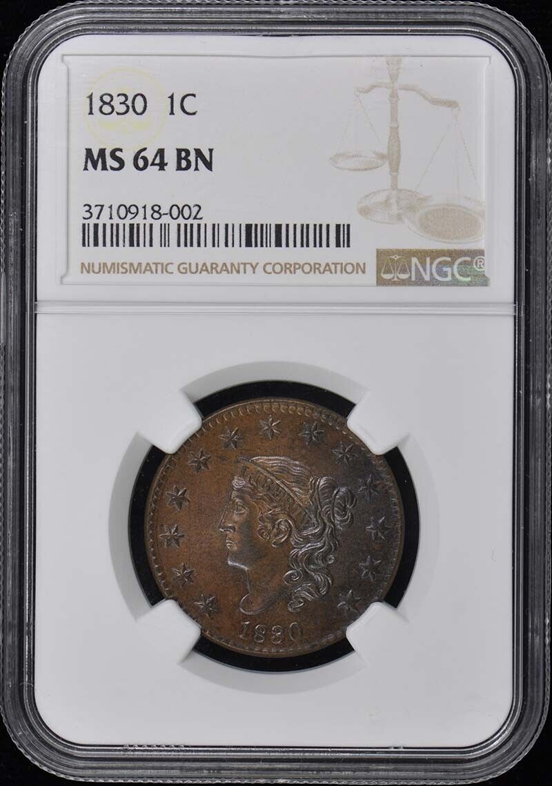 1830 Coronet Cent 1C NGC MS64BN