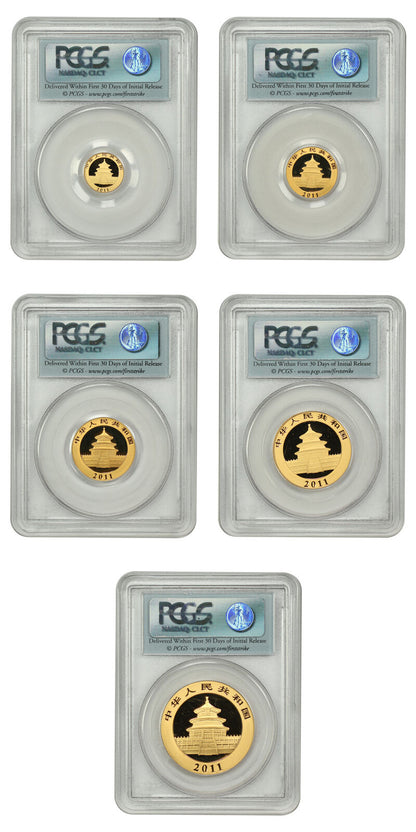 China: 2011 Gold Panda Prestige Set PCGS Gem BU (5 Coins, First Strike, w/Box &