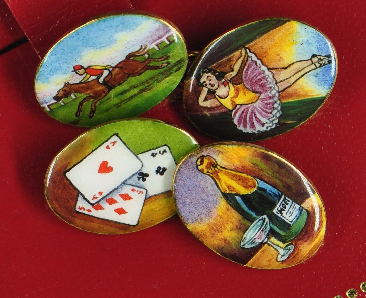 Road to Ruin Series Enamel 18k Yellow Gold Cuff Links Vtg Horse Race Wine Cards