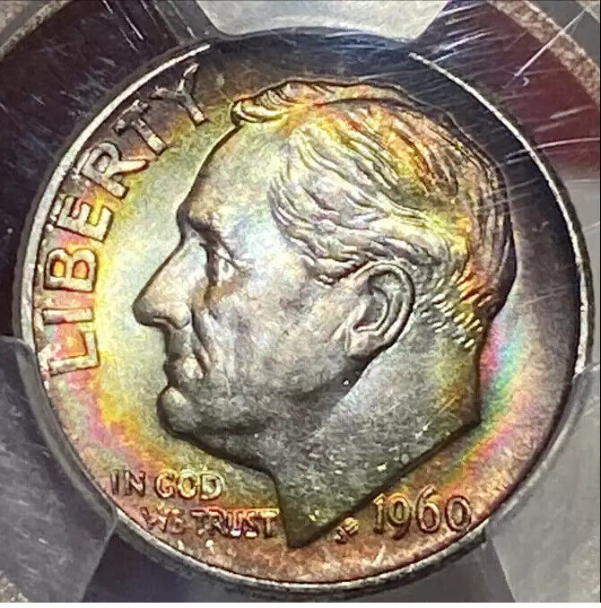 1960 D Dimes Roosevelt PCGS MS-66+ FB Rainbow Toning