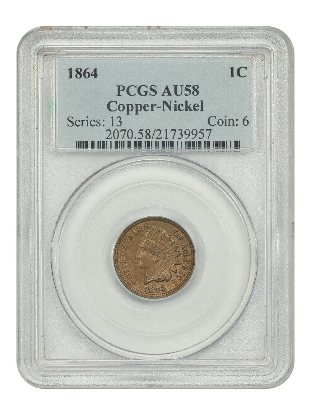 1864 1C PCGS AU58 (Copper-Nickel) - Indian Cent - Final Year Copper-Nickel Issue