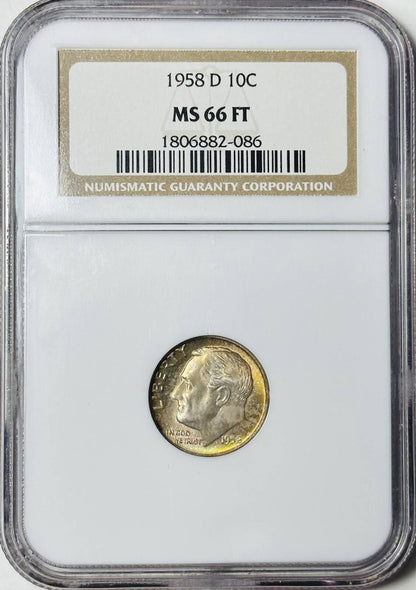 1958 D Dimes Roosevelt NGC MS-66 FT Rainbow Toning